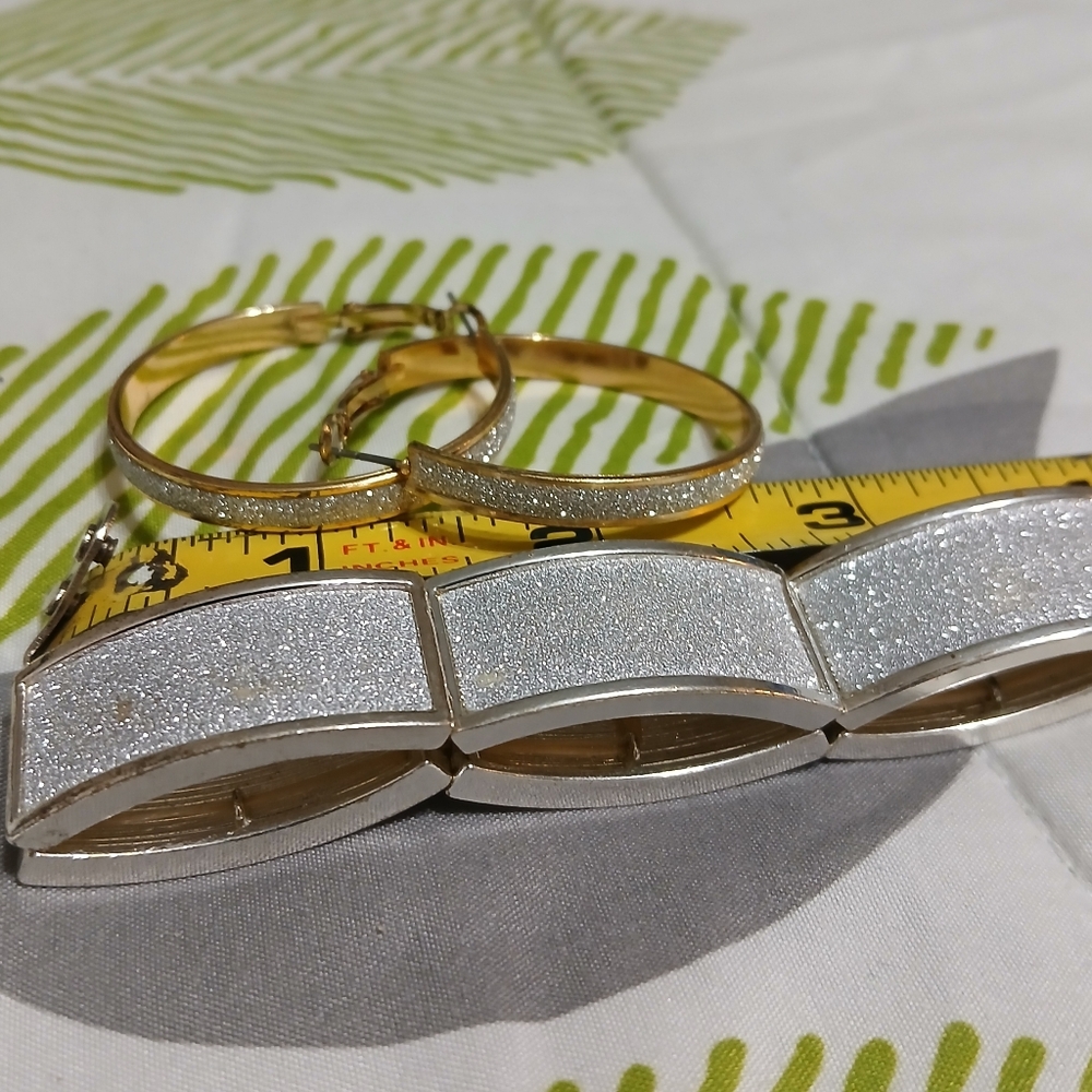 Elegant Shimmering Gold & Silver Tone Bracelet & Hoop Earrings Set